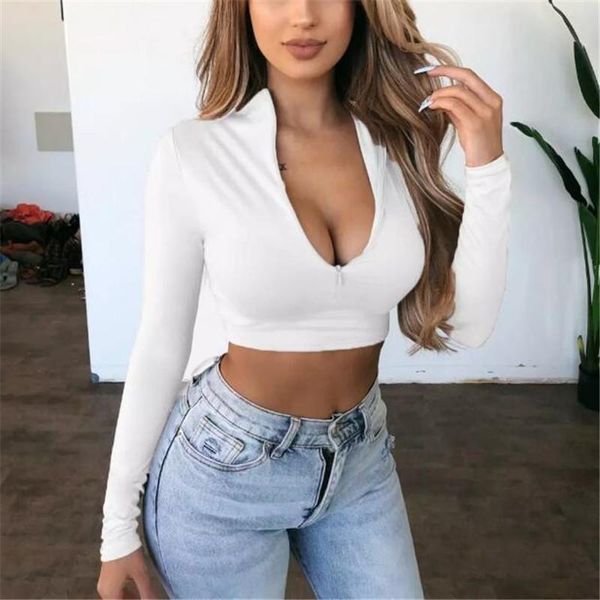

women's t-shirt 2021 zipper v-neck stylish long sleeve tight tee fashion female casual slim shirt femme, White