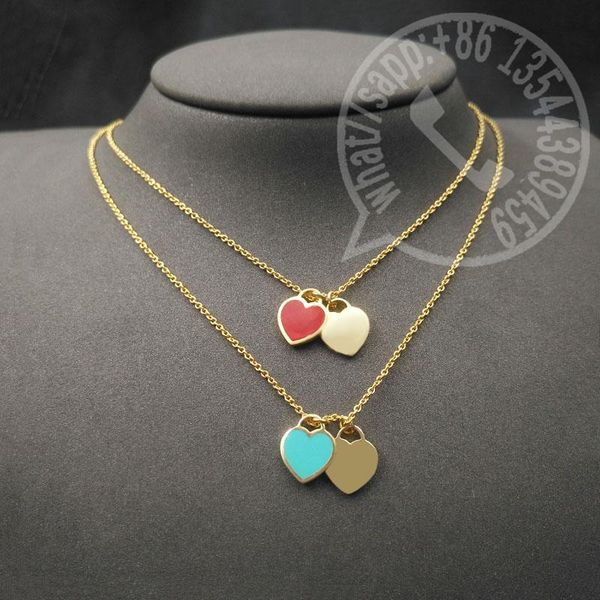 

chains s925 sterling silver necklace fashion enamel double heart clavicle golden lady charm jewelry gift