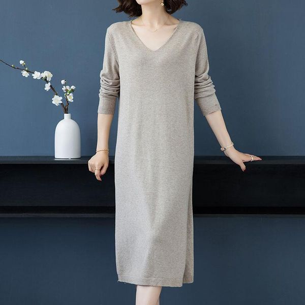 

casual dresses 2021 spring and autumn women loose knitted straight fashion chic elegant solid dress female pus size w175, Black;gray