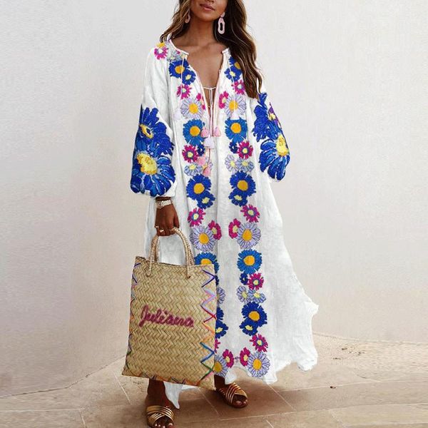 

casual dresses spring elegant floral print tassel long party dress vintage lantern sleeve ladies women v neck loose, Black;gray