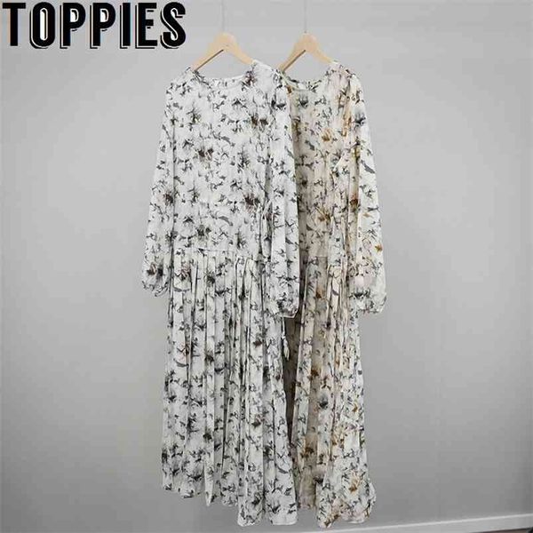 

spring floral printing pleated dress loose lantern sleeve blouses slim drawstring waist 210421, Black;gray