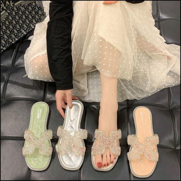 

women's outer wear non-slip fashion square toe pu leather transparent jelly rhinestone slipper summer flat slippers beach sandal, Black