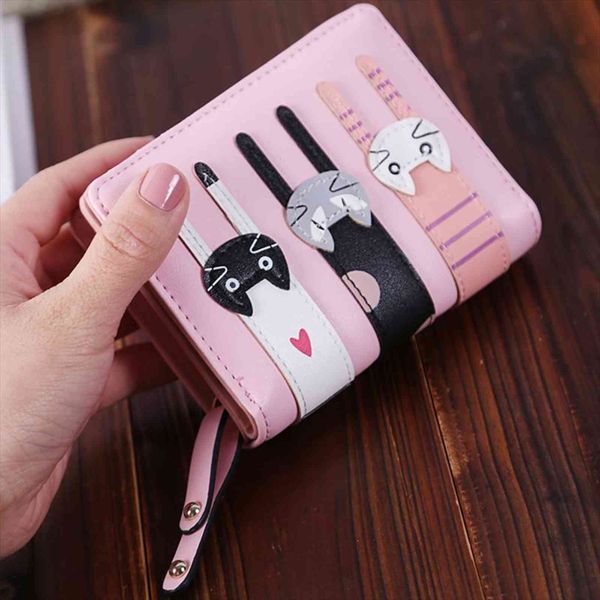 

cartoon cat women wallet pu leather short brand designed coin purse female card holder cute girl, Red;black