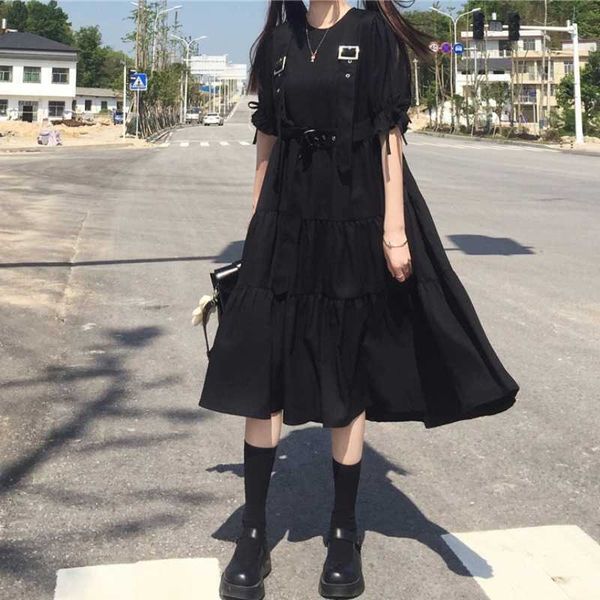 

women's t-shirt harajuku fashion women gothic dress summer short sleeve cosplay black belt long dresses 2021 lolita girls vintage, White