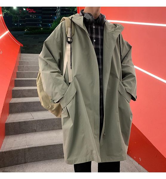 

men's trench coats men coat hooded long 2021 autumn korean fashion loose windbreaker zipper jacket black -xxl, Tan;black
