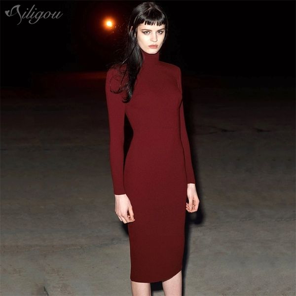 

ladies fall burgundy neck long sleeve zipper hip tight fashion party bandage dress 210525, Black;gray