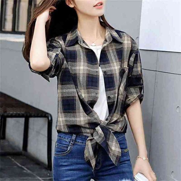 

korean fashion spring summer women long sleeve shirt all-matched casual preppy style plaid blouses plus size ladies d221 210512, White