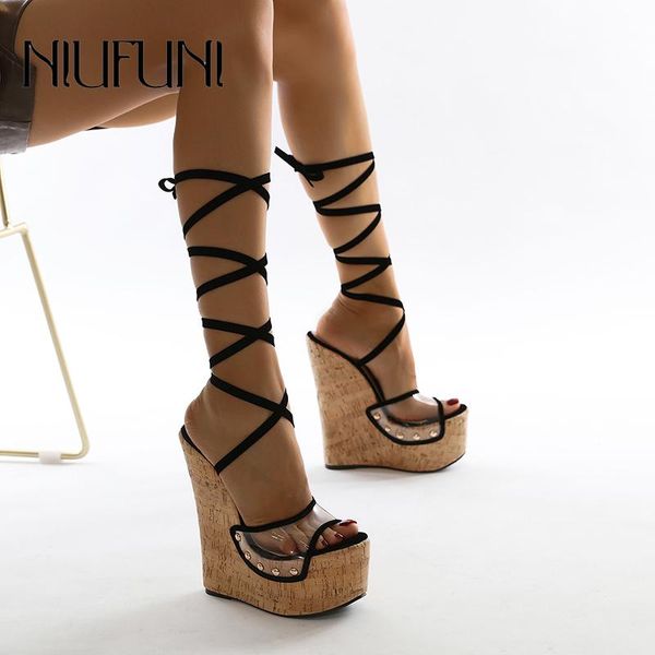 

sandals summer rivet pvc transparent wedges women peep toe ankle strap ladies platform 16cm high heels size 35-42 shoes, Black