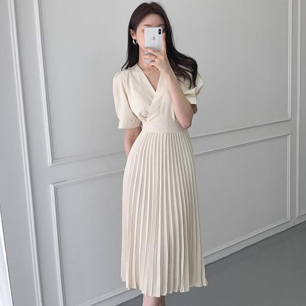 

casual dresses women summer clothes elegant v-neck slim office lady a-line bandge pleated dress vestidos, Black;gray