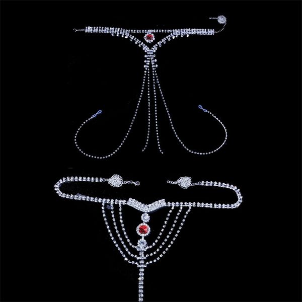 

design rhinestone non piercing nipple bra and thong set for women luxury crystal belly waist chain body jewelry, Silver