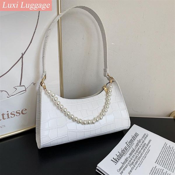 

evening bags stone pattern pu leather armpit bag for beautiful women 2021 solid color pearl chain handbags female travel fashion hand