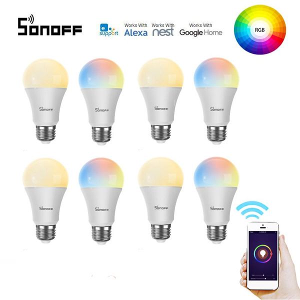 

smart home control 1-10pcs sonoff 9w e27 led bulbs dimmable rgb lamp,remote/voice automation control,work with alexa google assistant