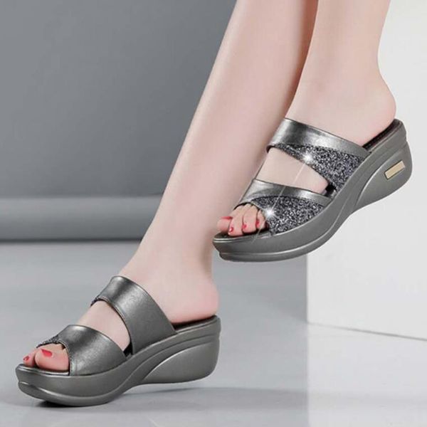 

slippers 2021 classic bling slipper woman shoes ladies pu leather wedges flat female casual slingbacks sandals comfortable platform, Black