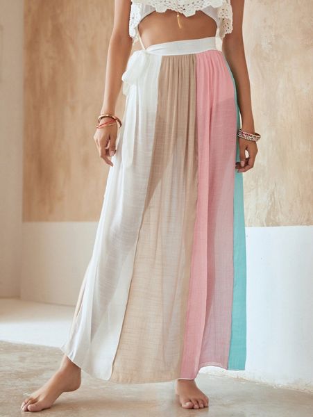 

color block knot waist cover up skirt i1nv#, White;black