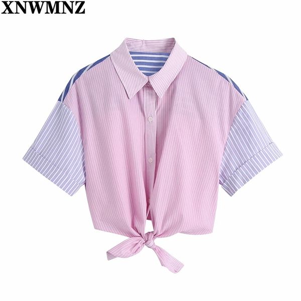 

women sweet patchwork striped print pink short smock blouse female hem bowknot breasted shirt chic crop 210520, White