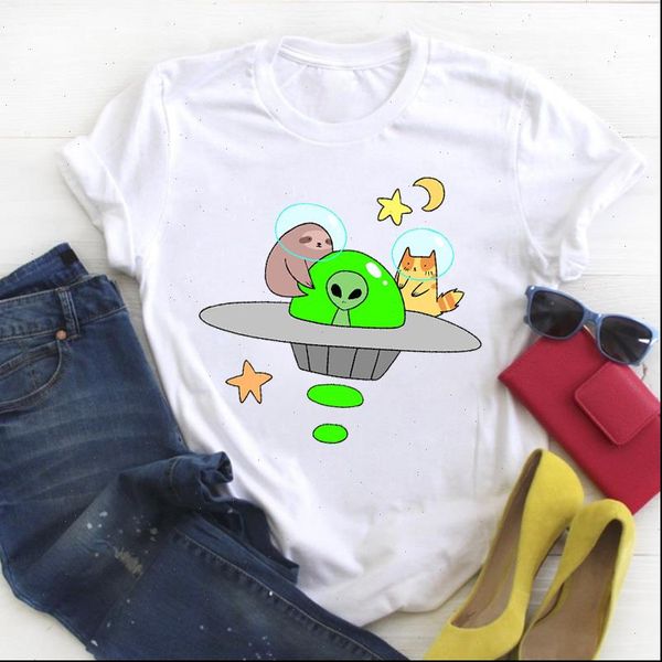 

women ufo cat funny fashion printed cartoon ladies summer t tee female shirt clothes womens graphic, White
