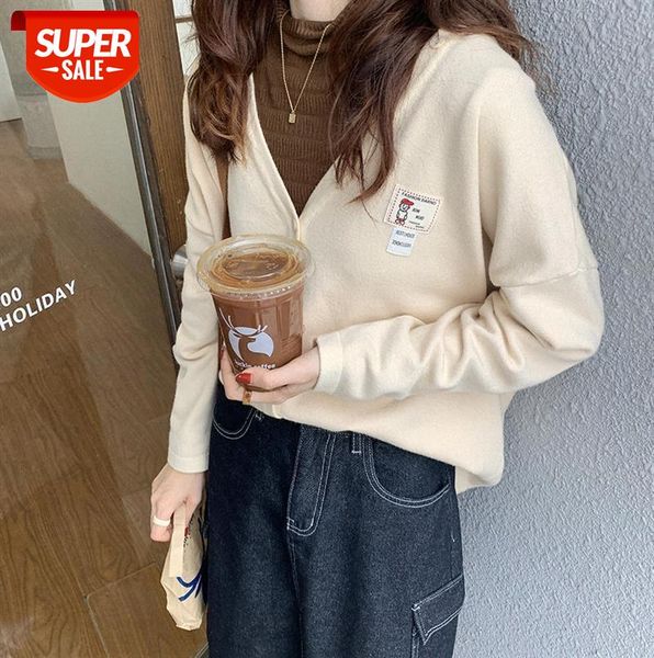 

[huang zheng] college wind wool knitted v-neck labeling sweater women korean style loose all-match blouse m6259 #ij5s, Black;gray