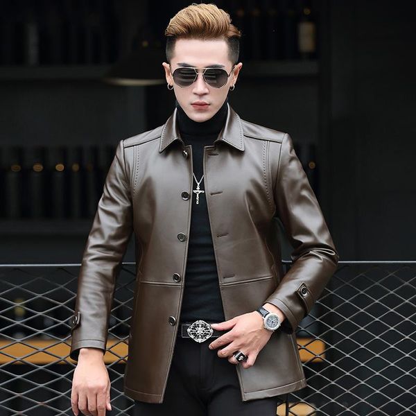 

men's leather & faux jacket men autumn winter real sheepskin coat vintage windbreaker chaqueta cuero hombre t-01-1709 kj1616, Black