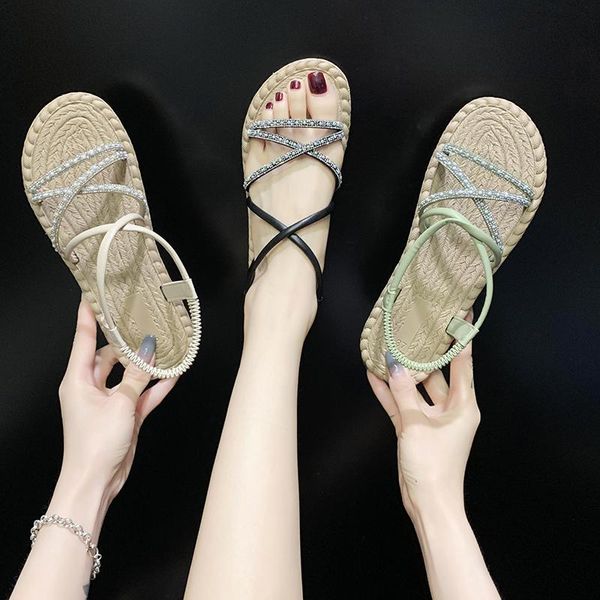 

clear heels sandals straps all-match fashion womens shoes 2021 suit female beige luxury elastic band comfort flat summer girls, Black