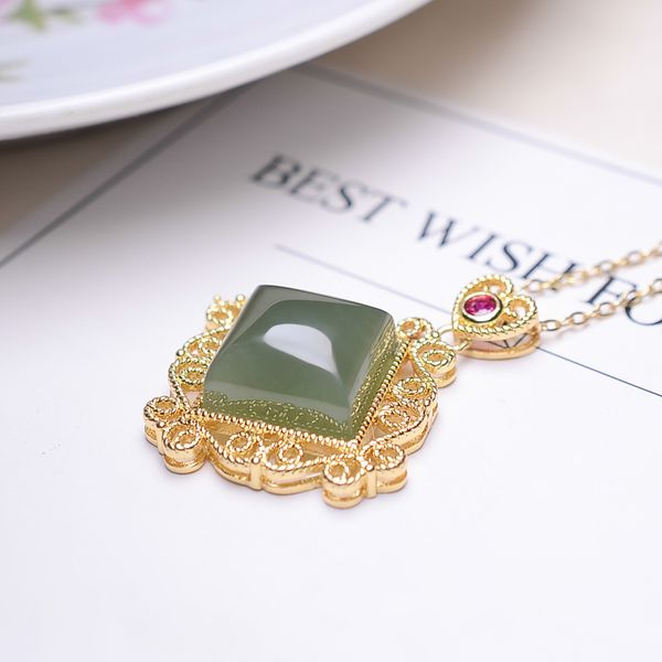 

natural green jade pendant with gold 925 sterling silver necklace square jade necklaces pendants for women marcasite jewelry, Red;blue