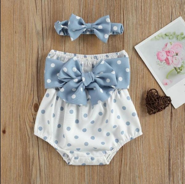 

rompers summer born baby girls bowknot bodysuits outfits girl strapless polka dot print boat neck romper headband, Blue