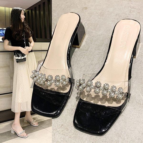 

shoes women female slippers transparent heel med shallow luxury slides heeled mules jelly flip flops square soft 2021 desi, Black