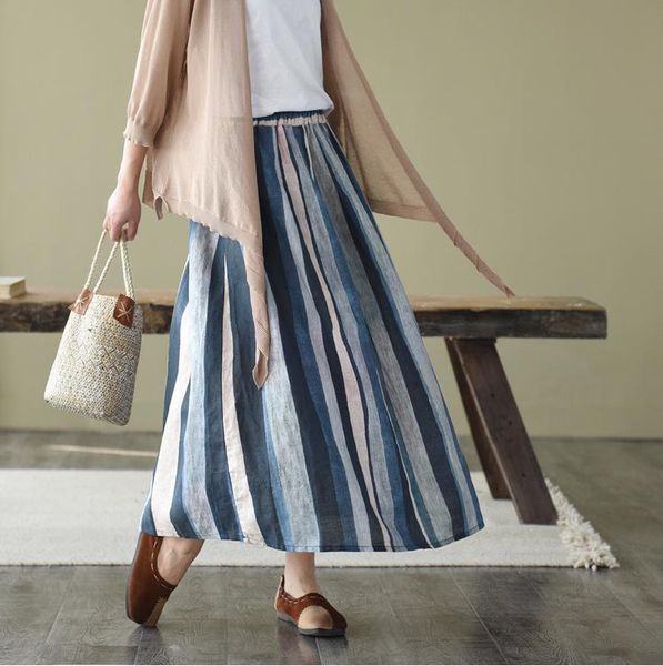 

skirts summer women striped loose retro fashion female a-line ankle-length skirt casual, Black