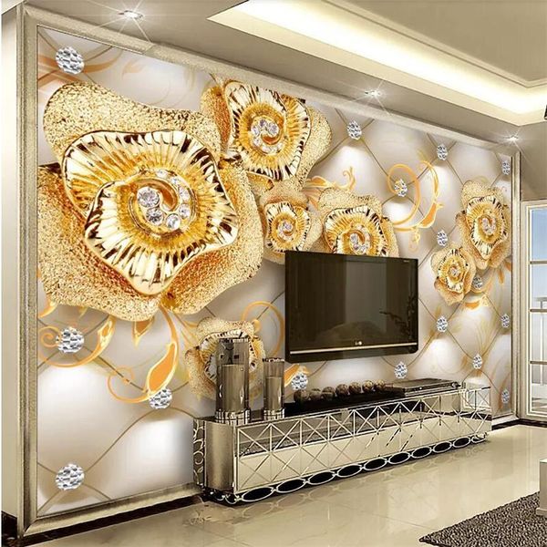 

wallpapers customized wallpaper 3d high-grade exquisite diamond gold flower tv background wall stereo jewelry decorative painting