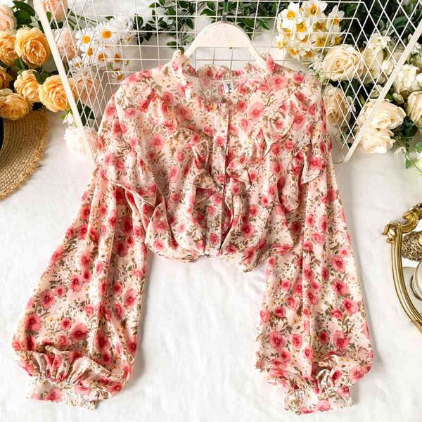 

suits elegant sweet ruffle women shirt lantern sleeve floral print chiffon shirts and blouses spring slim female, White;black