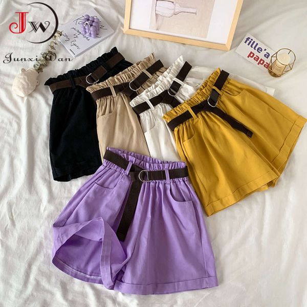 

2021 summer elegant high waist shorts women casual solid wide leg loose cotton short pants with belt korean sweet girls, White;black