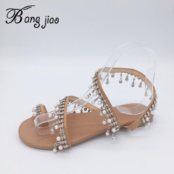 

women sandals 2021 summer style shoes flat pearl comfortable string bead slippers casual size 35 - 43, Black