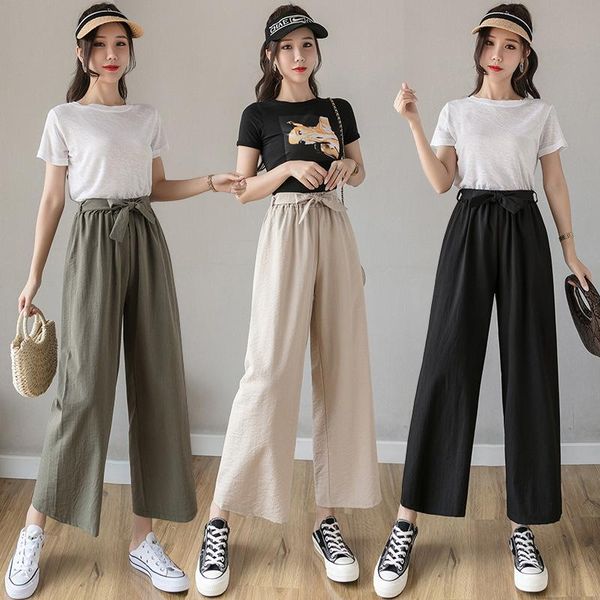 

women's pants & capris 2021 summer simple solid color lace ice silk wide leg loose casual temperament women nine point, Black;white