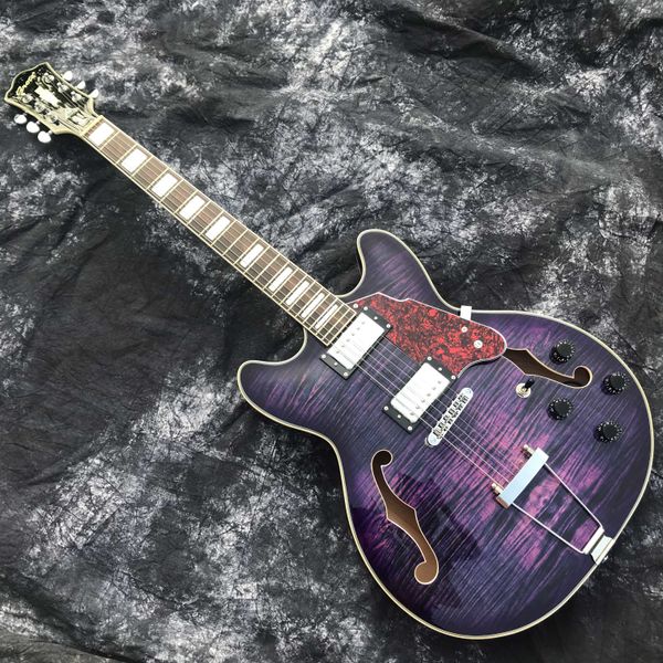 Grote Purple Color Flame Maple Electric Guitar Pollow Body Double F Отверстия Тонкая Тонкий Розовый Дерево Джаз Джаз