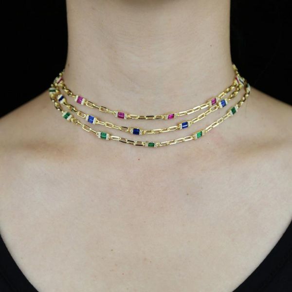 

square cz choker fashion gold color link chain baguette green jewelry cute pendant necklace for women necklaces, Silver