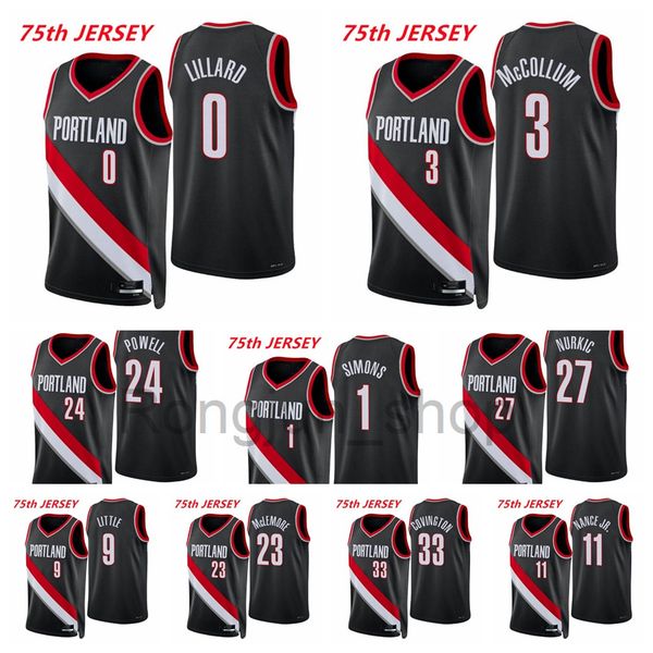 

2021-22 75th anniversary diamond printed mens basketball damian lillard 0 c.j mccollum 3 jusuf nurkic 27 norman powell little simons black j