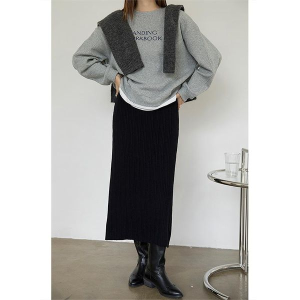 

girls skirts casual temperament knitted 2021 autumn and winter all-match beltless a-line skirt, Black