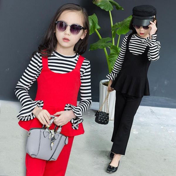 

girls clothes sets stripe lotus leaf sleeve t shirt braces skirt children casual toddler baby kids clothing suit 3pcs, White
