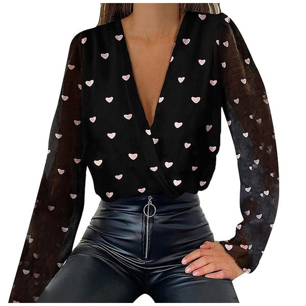 

women's t-shirt winter v-neck pullover casual ruffle heart fashion printed shirt hollow lace trim ladies, White