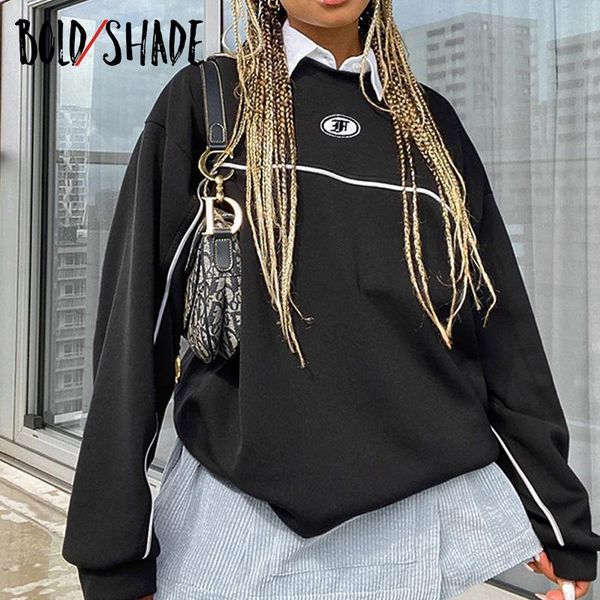 

women's hoodies & sweatshirts bold shade punk fashion 90s oversize graphic printed crewneck teenager cool style winter black sweatshirt