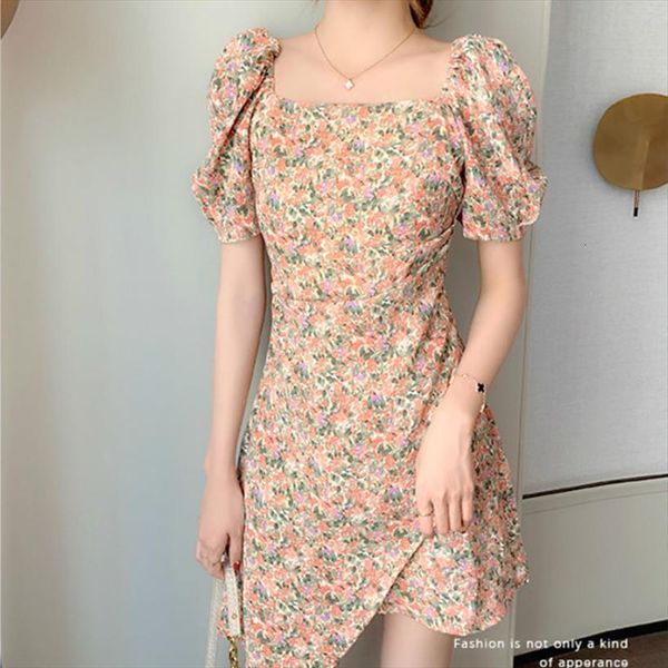 

summer floral french style womens dresses designer mini slim casual chiffon puff sleeve vintage retro korean, Black;gray