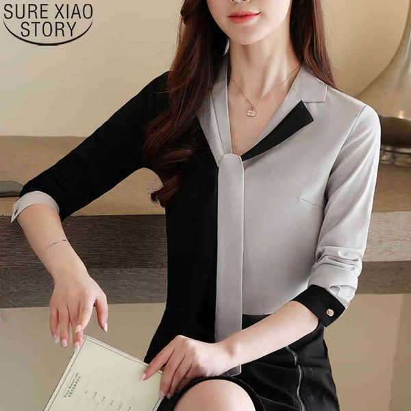 

korean loose plus size gray blouse autumn style long-sleeve chiffon shirt women v neck ladies clothing 10753 210417, White