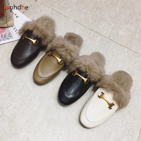 

wohdhe plush women mules flat slippers pu leather fur buckle soft winter slides designer outdoorshoes woman, Black
