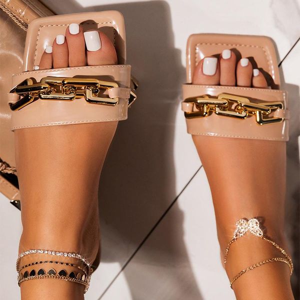 

slippers sandals women flat candy color square toe ladies chain female metal decoration slides shoes plus size, Black