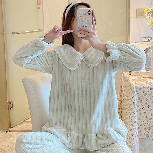 

women's sleepwear autumn winter pajamas women pijamas set sweet lapel ladies home clothes coral fleece thicken night wear suit 6lm, Black;red