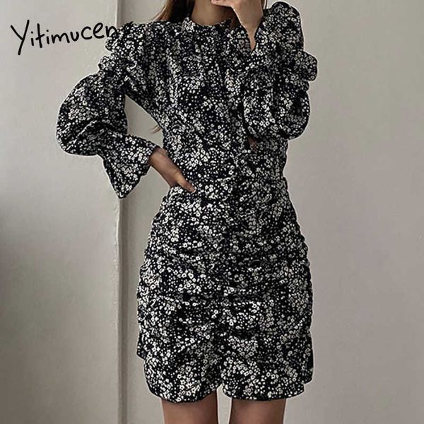 

yitimuceng vintage floral print dresses women fashion high waist ruched boho dress long flare sleeve apricot black spring 210601, Black;gray