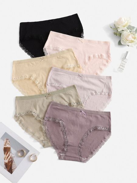 

6pack plus lace trim panty l4ry#, Black;white