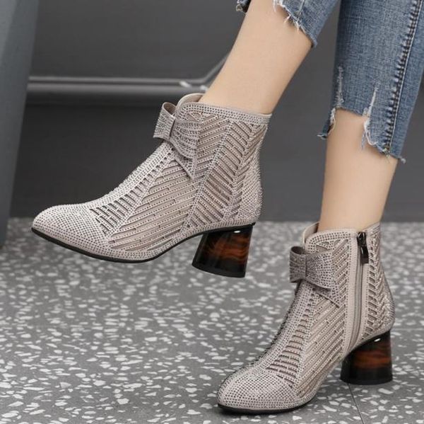 

boots 2021 spring and autumn women's shoes thick heel net single rhinestone mesh hollow short female high s, Black