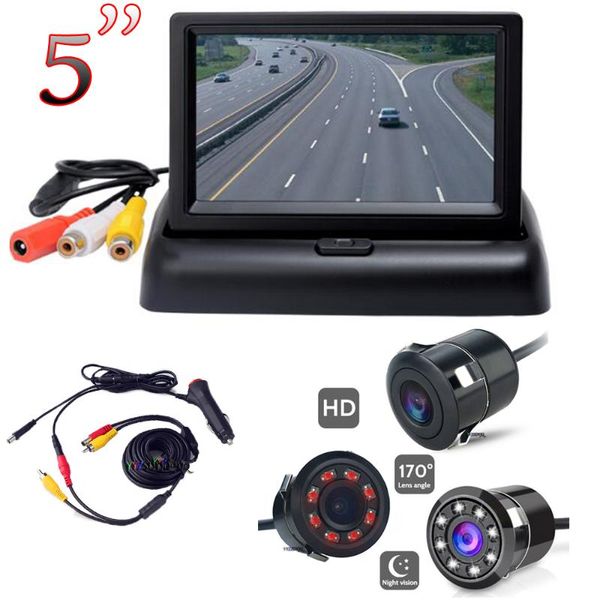 

car video 5 inch foldable 2 input display 18.5mm ccd rear view camera night vision rca dc audio cigarette lighter parking kit