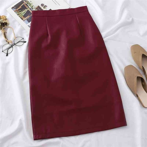 

women pu leather midi skirt for a-line office lady vintage black bodycon with split summer 210518
