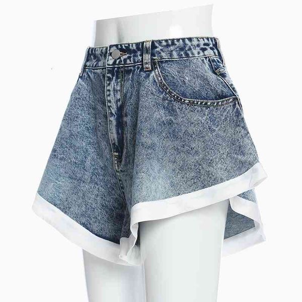 

[eam] women denim blue ruffles stitch wide leg shorts new high waist loose fit trousers fashion tide spring summer 1y104 210304, White;black
